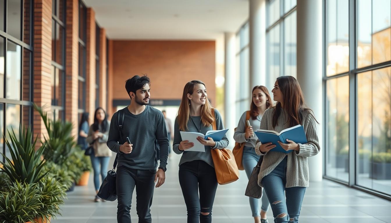 Students studying together in modern classroom